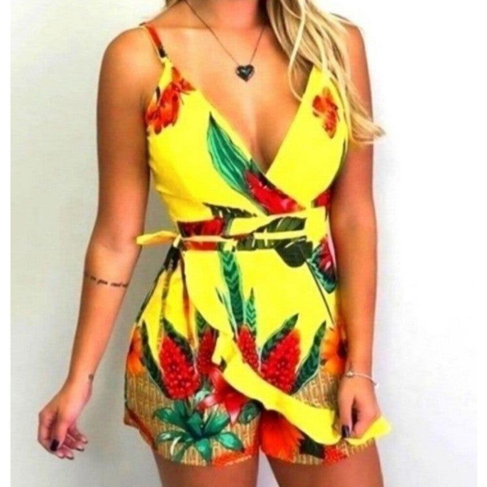 Womens Yellow Tropical RUFFLE BELTED PRINTED ROMPER SZ 2XL